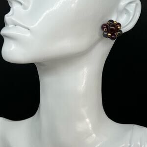 Vintage 80s Burgundy Glass Beaded Cluster Post Earrings Gold Tone